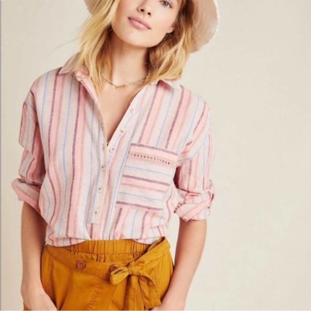 Anthropologie Maeve Pink Striped Linen Cotton Long Sleeve Blouse Shirt Size M - Picture 2 of 5